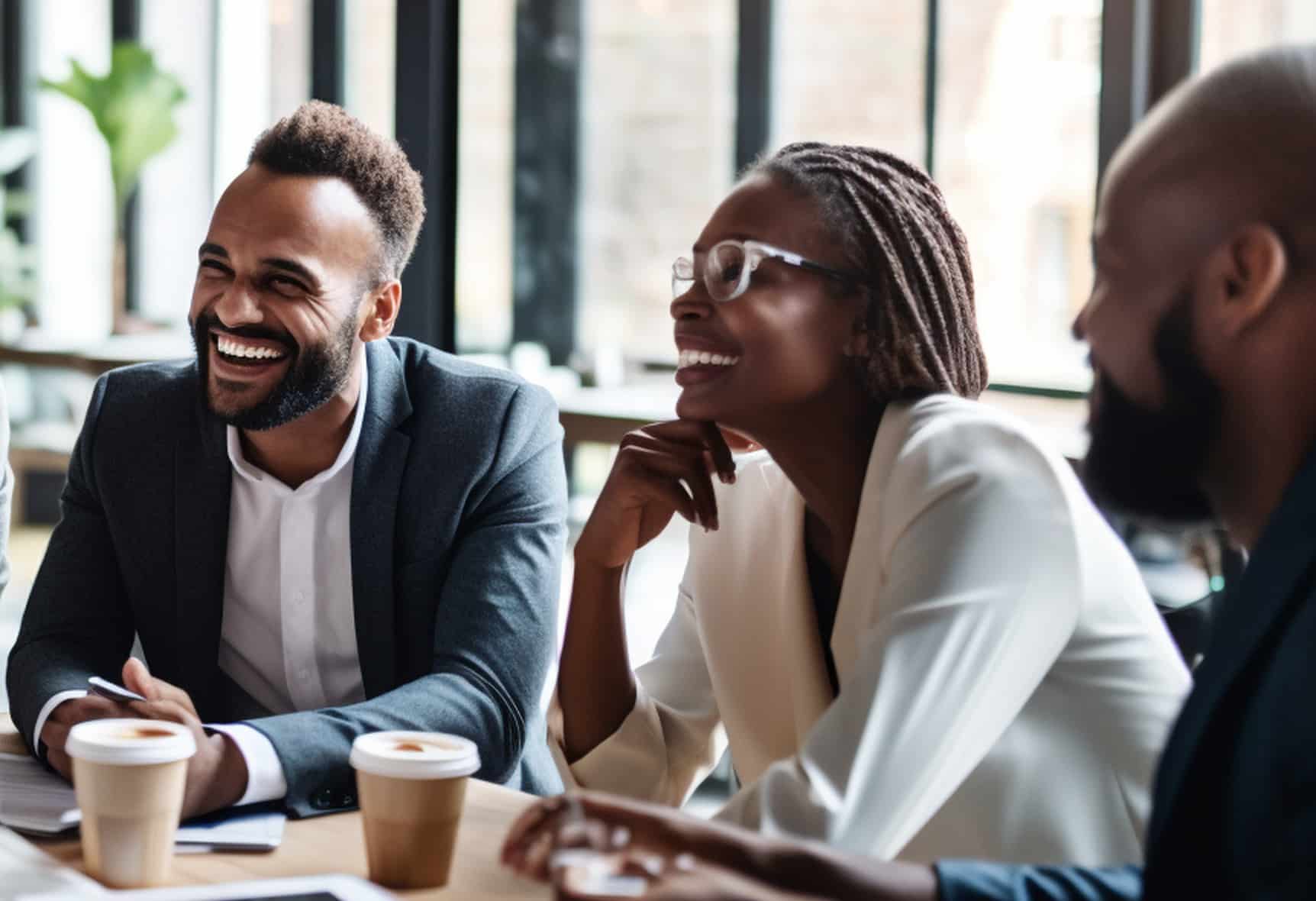 A diverse team of professionals engaged in a productive discussion, reflecting the importance of inclusivity in business Generative AI